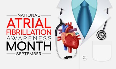 Ulusal Atrial Fibrillation (AFIB) Farkındalık Ayı Eylül ayında her yıl gözlemlenmekte olup, bu durum düzensiz ve sıklıkla anormal hızlı kalp hızına neden olan bir kalp rahatsızlığıdır. Vektör illüstrasyonu