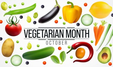 Vejetaryenliğin neşe, şefkat ve yaşam güçlendirici olanaklarını desteklemek amacıyla, Ekim ayında her yıl Dünya Vejetaryen Farkındalık Ayı gözlemlenir. Vektör illüstrasyonu