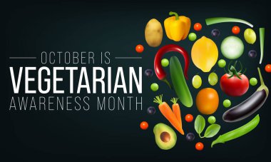 Vejetaryenliğin neşe, şefkat ve yaşam güçlendirici olanaklarını desteklemek amacıyla, Ekim ayında her yıl Dünya Vejetaryen Farkındalık Ayı gözlemlenir. Vektör illüstrasyonu