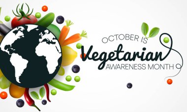 Vejetaryenliğin neşe, şefkat ve yaşam güçlendirici olanaklarını desteklemek amacıyla, Ekim ayında her yıl Dünya Vejetaryen Farkındalık Ayı gözlemlenir. Vektör illüstrasyonu