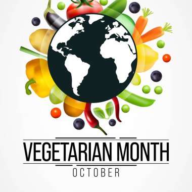 Vejetaryenliğin neşe, şefkat ve yaşam güçlendirici olanaklarını desteklemek amacıyla, Ekim ayında her yıl Dünya Vejetaryen Farkındalık Ayı gözlemlenir. Vektör illüstrasyonu