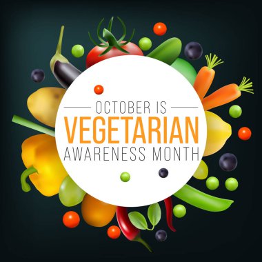 Vejetaryenliğin neşe, şefkat ve yaşam güçlendirici olanaklarını desteklemek amacıyla, Ekim ayında her yıl Dünya Vejetaryen Farkındalık Ayı gözlemlenir. Vektör illüstrasyonu