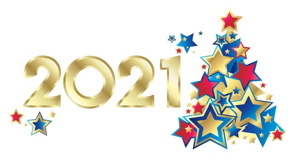 Yılın kırmızı, mavi ve altın yıldızlı Noel Ağacı sembolü ve 2021 yılın sembolik altın sayısı