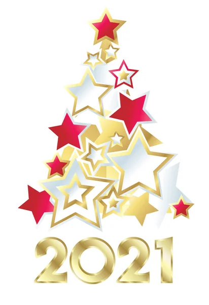 Yılın beyaz ve kırmızı Noel Ağacı sembolü kırmızı ve beyaz ve altın yıldızlı ve 2021 altın sayısıyla
