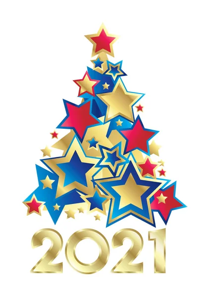 Yılın güzel Noel Ağacı sembolü. Kırmızı, mavi, beyaz, altın yıldızlı ve 2021 altın sayısıyla.