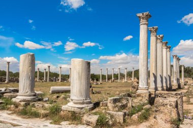 Antik Yunan şehri Salamis 'in kalıntıları. Ortaçağ sütunları ve taşları, tarihi mimari, turizm, Kıbrıs, Famagusta. Beyaz bulutlu açık mavi gökyüzü.