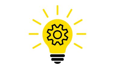Sarı ampul, düz simge. İçinde çark (dişli) ve ışınları olan elektrikli lamba, basit bir piktogram. Vektör grafik tasarım ögesi. Yaratıcı fikir işareti, çözüm, yenilik kavramı.