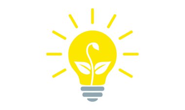 Sarı ampul, düz simge. İçinde ışınlar ve filizler büyüyen elektrik lambası, basit bir resim çizimi. Vektör grafik tasarım ögesi, yapraklar ve gövde. Yeşil yenilenebilir enerji işareti.