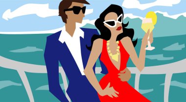 Zengin insanlar, okyanus vektör çizimi üzerinde bir yatla seyahat ederler. Güzel elbiseli bir kadın kokteyl içiyor..