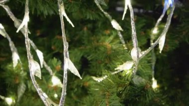 Yakın plan, Noel ağacı çelenkle süslenmiş, köknar ağacı aydınlatmalı.