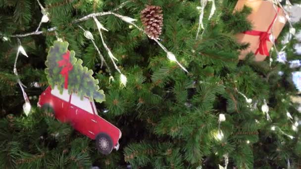 Christmas tree with decorations and illumination in the mall, closeup,copy space — Video Stock