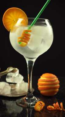 Bir el turuncu cin kokteyline buz küpleri ekliyor, 4k dikey video, kapat.