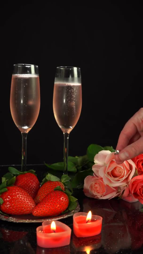 Purpose ring on female hand champagne glasses, Valentines Day 4k vertical video — Vídeos de Stock