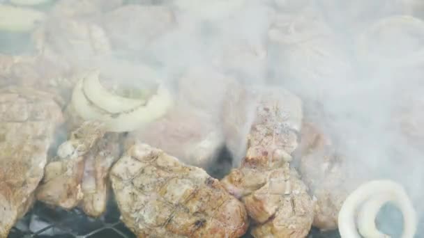Grill kebab z cebulą pieczoną na grillu, surowe mięso na węglu, zbliżenie wideo 4K — Wideo stockowe