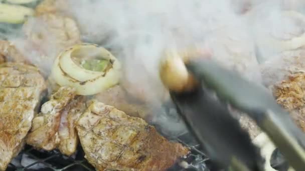 Grill kebab z cebulą pieczoną na grillu, surowe mięso na węglu, zbliżenie wideo 4K — Wideo stockowe