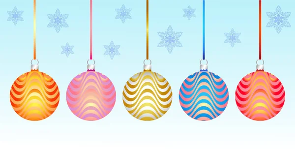 Çok renkli Noel ağacı süsleme şekilleri, kar taneleri arka planı