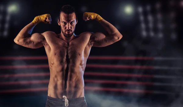 Two professionl boxers are fighting on the grand arena panorama — Stock fotografie