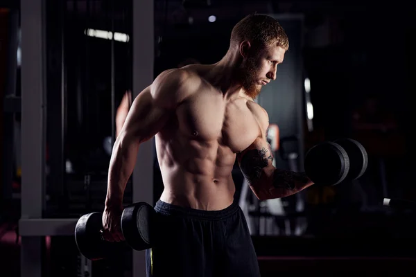 Hombre fuerte - culturista con pesas en un gimnasio, ejercitando ingenio — Foto de Stock