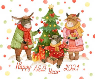 Mutlu boğalar ve ineklerle dolu suluboya yeni yıl kartı kırmızı kurdeleli ve altın yıldızlı bir Noel ağacının yanında. İllüstrasyon yeni yıl kartları içindir.