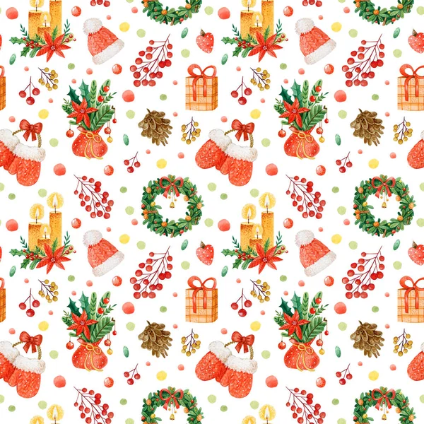 Watercolor Seamless Pattern Cute Christmas Hats Gifts Christmas Tree Branches — Stock Photo, Image