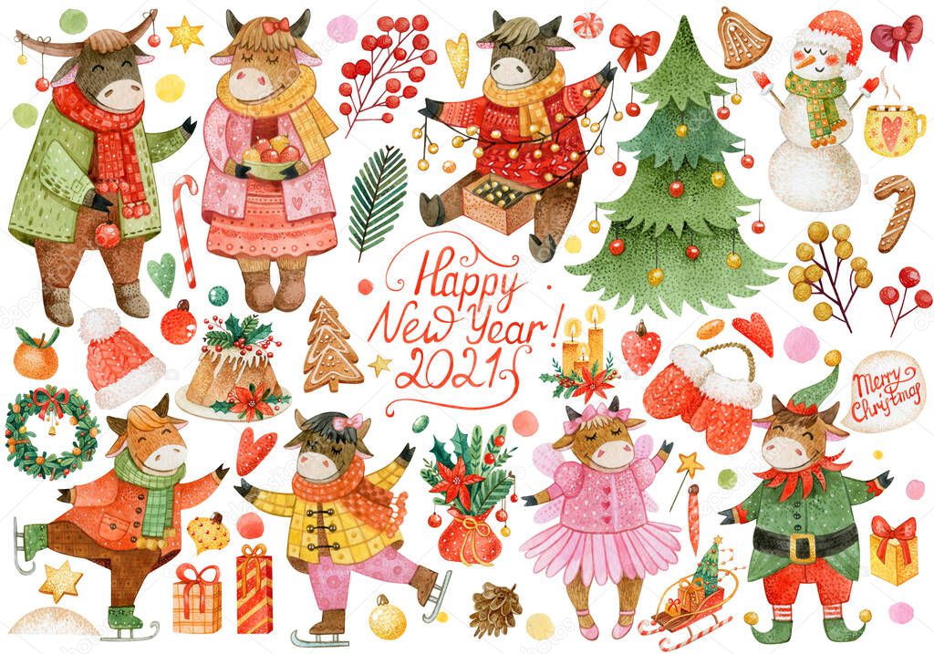 Large Christmas set of . hand drawn bulls 2021.Watercolor bulls in winter clothes, stickers,cookies, cupcake, sleigh with christmas tree, christmas toys, tangerines, candles, snowman, pine cones.