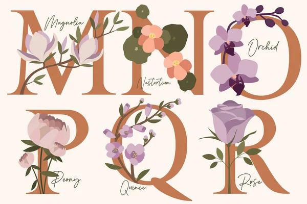 Handgezeichnetes Blumenalphabet Mit Frühlingsblumen Pastellfarben Buchstaben Mit Blüten Magnolie Kapuzinerkresse — Stockvektor