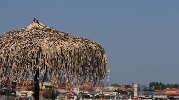 Beach umbrella covered with palm leaves waving in the wind on a beach in Zakynthos, Greece — Stock Video