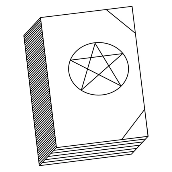 魔法の書だ 魔女のデスクトップ文学 スケッチ ベクトルイラスト 呪文付きの本 隔離された白い背景の概要 子供向けのぬり絵 ハロウィンのシンボル 表紙には星の形をした五角形が描かれている ドードル — ストックベクタ