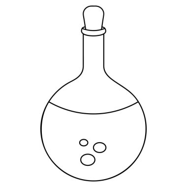 İçinde sihirli iksir olan bir şişe. Robot resim. Vektör çizimi. Boyama kitabı. İzole edilmiş beyaz bir arkaplanda özet geç. Mucizevi bir içki. Şişedeki cadı iksiri. Cadılar Bayramı sembolü Kabarcıklar uçuşuyor. Gemi bir durdurucuyla sıkıca mühürlendi.