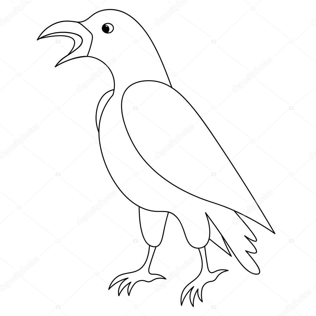 Raven. Sketch. Coloring book. Vector illustration. The mystical black bird croaks. Outline on an isolated background. Halloween symbol. Messenger of the underworld. Scavenger bird. Creation associated with signs and superstitions. All Saints Day. 