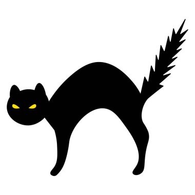 Kedi. Siluet. Cadı hayvanı. Vektör çizimi. Cadılar Bayramı sembolü İzole edilmiş bir arkaplanda özet geç. Düz stil. Korkmuş hayvan kıllandı. Parlayan gözler. Kara Cuma. Azizler Günü. Bıyıklı, mırıldayan bir yaratık. Yumuşak hayvan..  