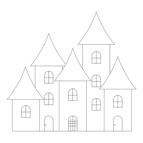 謎の家だ スケッチ ベクトルイラスト 子供向けのぬり絵 隔離された白い背景の概要 古い邸宅だ 馬鹿なスタイルだ ハロウィンだ 田舎の土地 塔のある古代の建物 — ストックベクタ