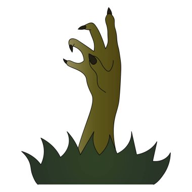 Uğursuz zombi palmiyesi yüzeye çıktı. Yeşil ten. Renkli vektör çizimi. Cadılar Bayramı sembolü İzole edilmiş beyaz arka plan. Ölü adamın eli topraktan çıkarıldı. Keskin tırnaklı pörtlek parmaklar. Çizgi film tarzı. Azizler Günü.