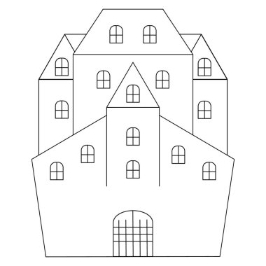 Gizemli bir ev. Kale. Robot resim. Vektör çizimi. Çocuklar için boyama kitabı. İzole edilmiş beyaz bir arkaplanda özet geç. Doodle tarzı. Cadılar Bayramı. Eski bir malikane. Köy mülkü. Kuleleri olan eski bir bina. Web tasarımı için fikir.