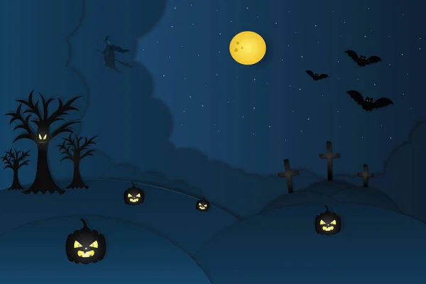 Halloween Luna Llena Cielo Estrellado Estilo Recorte Ilustración Vectorial Árboles — Archivo Imágenes Vectoriales