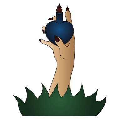 Cadının elinde bir aşk iksiri şişesi var. Kalp şeklinde bir damar. Keskin tırnakları olan uzun parmaklar yerden fırlıyor. Vektör çizimi. İzole edilmiş arka plan. Uğursuz zombi palmiyesi yüzeye çıktı. Azizler Günü. Cadılar Bayramı. 