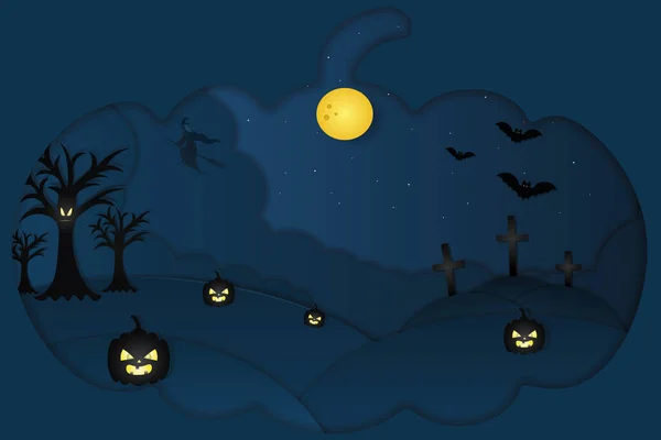 Halloween Paysage Mystique Une Fenêtre Forme Citrouille Une Sorcière Sur — Image vectorielle