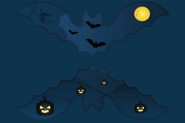 Halloween Paysage Mystique Une Fenêtre Forme Chauve Souris Une Sorcière — Image vectorielle