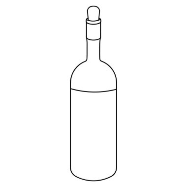 Şarap şişesi. Robot resim. Cam bir kutuda alkol. Vektör çizimi. İzole edilmiş beyaz bir arkaplanda özet geç. Boynu tıkanmış. Güçlü Cahors. Doodle tarzı. Web tasarımı için fikir.