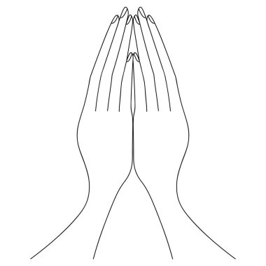 Ellerin duayla bağlandı. Avuçlar yukarı bakıyor. Robot resim. Vektör çizimi. İzole edilmiş bir arkaplanda özet geç. Boyama kitabı. Tanrı 'ya çağrı. Parmaklar birbirine dokunur. Şükran Günü 'nde yemekten önce masada dua etmek. Dini nedenler.