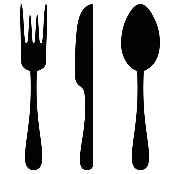 Cutlery. Silhouette. Knife, fork and spoon. Vector set of illustrations. Outline on an isolated white background. Flat style. Collection of tools for eating. Lunch equipment. Necessary items for serving the dinner table. Idea for web design.