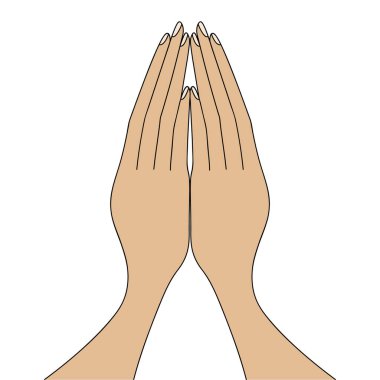 Ellerin duayla bağlandı. Avuçlar yukarı bakıyor. Renkli vektör çizimi. İzole edilmiş beyaz arka plan. Tanrı 'ya çağrı. Parmaklar birbirine dokunur. Şükran Günü 'nde yemekten önce masada dua etmek. Çizgi film tarzı. Dini nedenler.