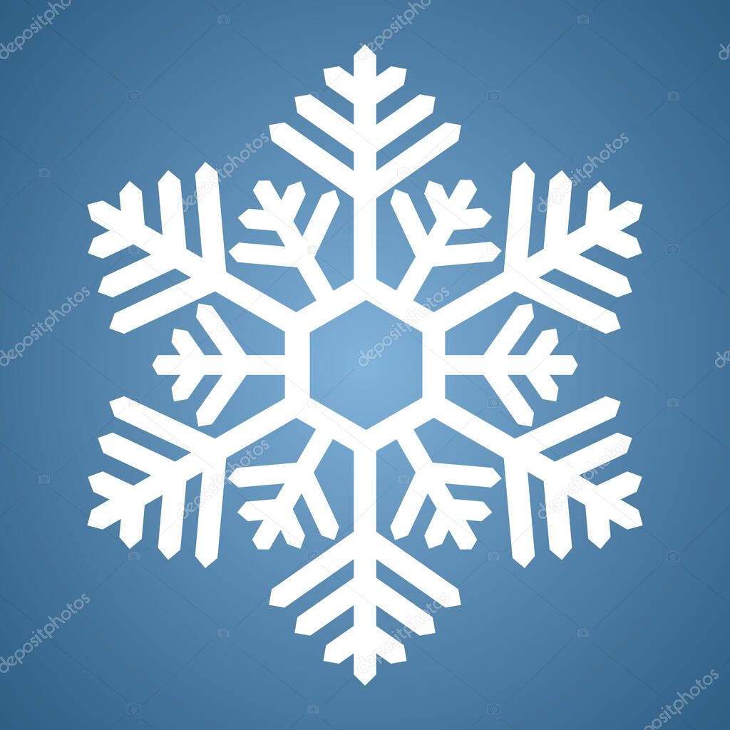 Snowflake. Festive ornament. Vector illustration. Isolated blue background. Flat style. A fragile crystal of intricate shape. Frostwork. Snow flakes. Frozen star. Arctic icon. Happy new year and merry christmas. Idea for web design, sticker.