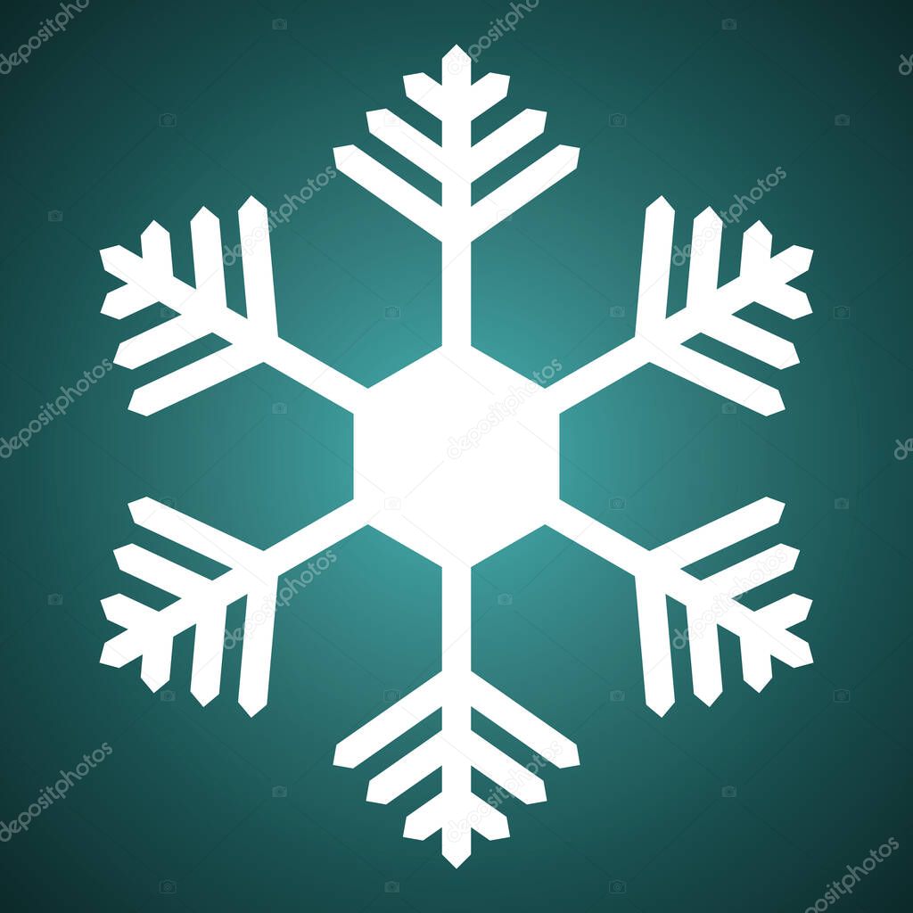 Snowflake. Festive ornament. Vector illustration. Isolated green background. Flat style. A fragile crystal of intricate shape. Frostwork. Snow flakes. Frozen star. Arctic icon. Happy new year and merry christmas. Idea for web design, sticker.