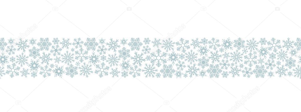 Snowflakes. Seamless horizontal border. Repeating vector pattern. Isolated colorless background. Endless holiday ornament. Delicate crystal background. Idea for web design, cover, printing. Frostwork. Frozen star. Happy new year and merry christmas. 