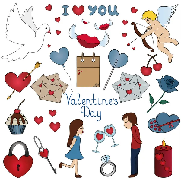 Happy Valentines Day Set Vector Illustrations Isolated White Background Romantic — Stock Vector