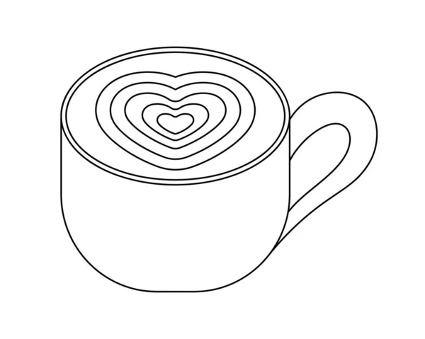 Bir fincan kahve. Robot resim. İçkinin üzerinde kalp şeklinde köpük var. Latte sanatı. Vektör çizimi. Çocuklar için boyama kitabı. Sevgililer Günü. Doodle tarzı. Canlandırıcı sıvıda aşkın sembolü. Tecrit edilmiş bir arka plan. Web tasarımı ve kartpostallar için fikir.