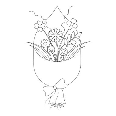Bir buket çiçek. Robot resim. Farklı renklerde hediye paketi yay ile bağlanır. Vektör çizimi. Boyama kitabı. İzole edilmiş beyaz bir arka plan. Papatya, orkide, gül, yaprak. Doodle tarzı. Web tasarımı ve kartpostallar için fikir.