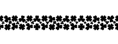 Yonca. Siluet. Kusursuz yatay sınır. Ağaç folyosu ve dört yapraklı. Vektör deseni tekrarlanıyor. Aziz Patrick Günü. İyi şans getiren bir yaprak. İzole edilmiş renksiz arka plan. Düz stil. Web tasarımı, kartpostallar, ambalaj, tekstil fikirleri.