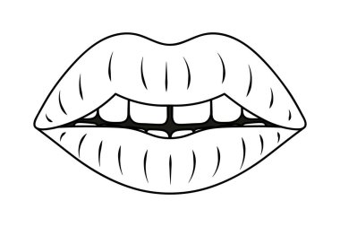 Dolgun dudaklar. Robot resim. Baştan çıkarıcı ağzı biraz açık. Vektör çizimi. Çocuklar için boyama kitabı. Sevgililer Günü. Doodle tarzı. Ortasında boşluk olan tek sıra dişler. İzole edilmiş beyaz bir arkaplanda özet geç. Web tasarımı için fikir.